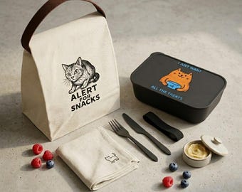 Fiambrera sostenible para gatos, bolsa de lona para el almuerzo, bioplástico PLA negro, tejido 100% algodón.