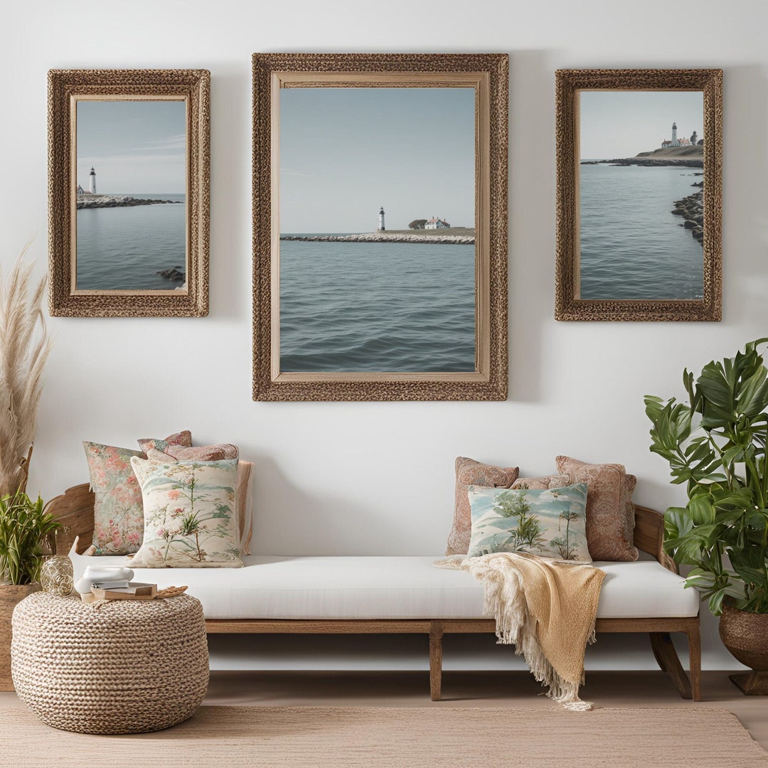 Vintage Beach Wall Art, Lighthouse, Blue Coastal Art Prints, Set of 3 ...