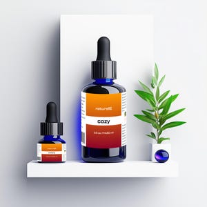 Può includere: Due bottiglie di vetro blu con contagocce, etichettate "naturallE cozy" e contenenti 0,5 oz (14,20 ml) di olio essenziale. La bottiglia più grande è su uno scaffale bianco con una piccola pianta verde in un vaso bianco.