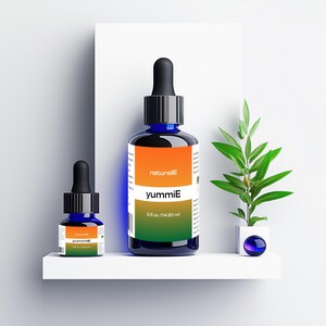 Puede incluir: Dos botellas de vidrio azul con goteros, etiquetadas "naturalIE yummiE 0.5 oz (14.80 ml)". La botella más grande está en un estante blanco con una pequeña planta verde en una maceta blanca.