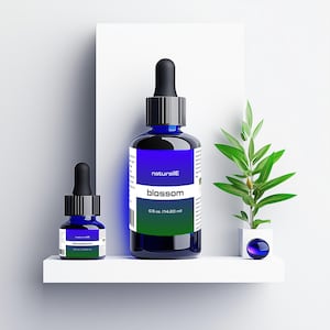 May include: Two blue glass bottles with droppers, labeled "naturallE blossom 0.5 oz (14.20 ml)". The smaller bottle is on the left and the larger bottle is on the right. Both bottles are on a white shelf with a small green plant in a white pot.