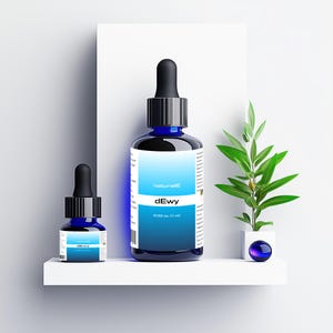 Puede incluir: Dos botellas de vidrio azul con goteros, etiquetadas "naturalsIE d'Ewy 0.03 oz. 1 ml", en un estante blanco con una pequeña planta verde en una maceta blanca.