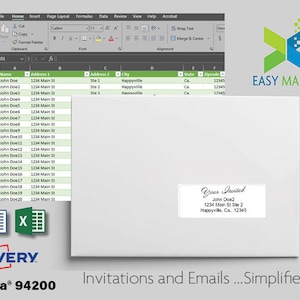 May include: A white envelope with a printed label that says "Your Invited" with a name, address, and zip code. The envelope is on a gray background with the text "Invitations and Emails...Simplified!" below it. The image also shows a spreadsheet with a list of names and addresses, and a logo for Easy Mailer.