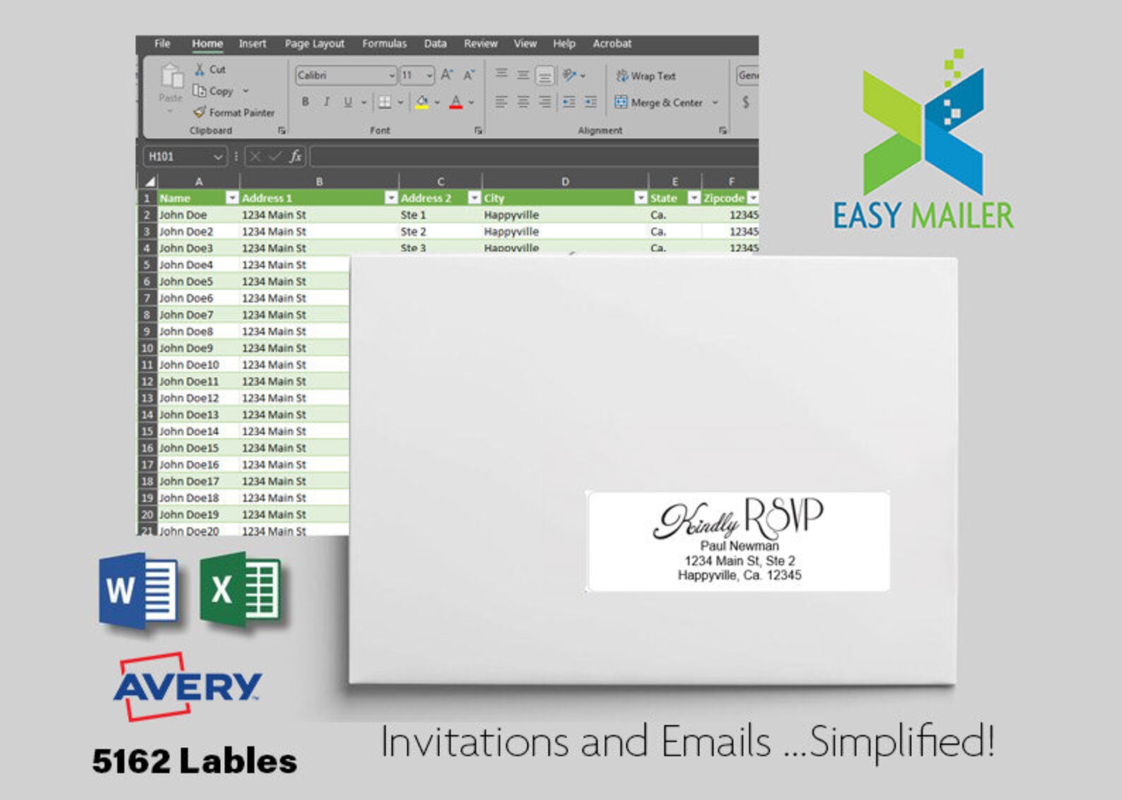 Mail Merge Template for Rectangular Address Labels-microsoft Excel to Word on Avery 5162 1-1/3 X ...