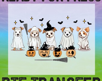 Gatos negros fantasma de Halloween listos para imprimir, transferencia DTF de perro fantasma, calabaza de temporada espeluznante