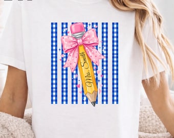 Personalized Teacher DTF Heat Transfer, Coquette Teacher Gift, Striped Back To School Pencil Bow
