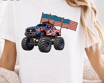 4th of July Monster Truck  DTF Heat Transfer, Patroitic Boy Kids Gift,  American Flag