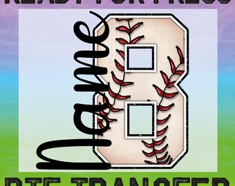 May include: A digital design for an iron-on transfer featuring a baseball-themed number 8 with red stitching and a green and white background. The text "Name" is written vertically on the left side of the design and the text "READY FOR PRESS" is written at the top of the design. The text "DTG TRANSFER" is written at the bottom of the design.