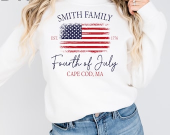 Custom Family Name and Location Fourth of July DTF Transfer, American Flag Patriotic Print