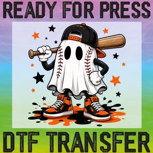 May include: A DTF transfer graphic featuring a white ghost character shaped like a baseball with red stitching, wearing a black baseball cap and orange and black high-top sneakers, holding a wooden baseball bat, with orange and black stars.