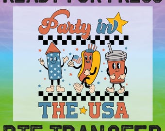 Party in The USA DTF Ready To Press, 4th Of July, Hot Dog Fireworks