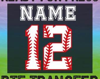 May include: A black and white baseball jersey design with the text "NAME" and the number "12" in red and white. The jersey design is ready for heat transfer to a shirt. The text "READY FOR PRESS" and "DTF TRANSFER" are also included in the design.