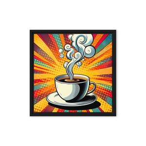 May include: A retro-style illustration of a steaming cup of coffee on a saucer against a colorful background of yellow, orange, red, blue, and green stripes and polka dots.