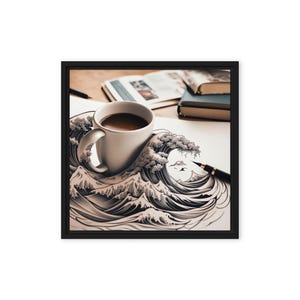 May include: A white coffee mug filled with coffee sits on a drawing of a large wave, resembling the Great Wave off Kanagawa. The drawing is on a white sheet of paper with a black pen lying next to the mug.