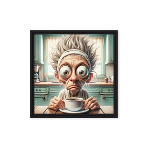 May include: A cartoon illustration of a person with messy hair and large eyes holding a cup of coffee. The person is wearing a white robe and is sitting at a kitchen counter.
