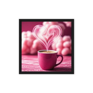 May include: A pink coffee mug with a heart-shaped steam rising from it. The background is a pink and white abstract design.