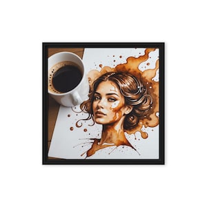 May include: A framed print of a woman's face drawn with coffee. The woman has brown hair and brown eyes. The coffee is splattered around her face, creating a unique and artistic effect.