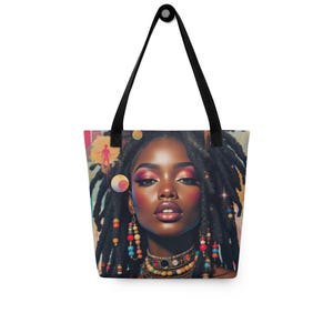 May include: A tote bag featuring a colorful illustration of a woman with dreadlocks and colorful jewelry. The background is a vibrant abstract design.