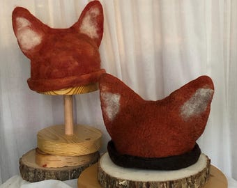 Fox Ear Wet Felted Hat 100% Wool