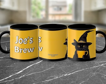 Cute Black Cat Witch Halloween Mug, Witch Hat Mug with Yellow Background, Customizable Text, Fun Halloween Coffee Cup, Gift for Cat Lovers