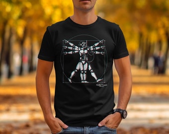Cybernetic Vitruvian Man Da Vinci T-Shirt Hoodie Mug Tote Unique Gift, Leonardo Da Vinci Robot Art Printed Apparel, Geeky Decor