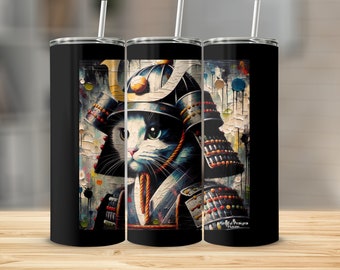 Samurai Cat Art Tumblers, Wine Tumbler, Ceramic Mugs, Enamel Camping Mug, Insulated Mug, Cotton Canvas Tote Bag, Aluminum Ornament