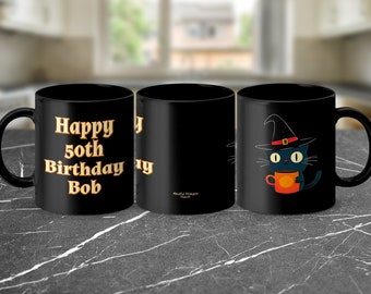 Cute Halloween Cat Mug, Witch Hat Cat Coffee Mug, Spooky Cat Lover Gift, Personalized Halloween Mug, Customizable Witch Cat Cup