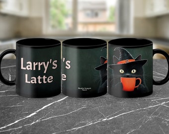 Witch Cat Mug, Halloween Black Cat Mug, Customizable Witch Cat Coffee Mug, Spooky Cat Lover Gift, Halloween Mug with Custom Text, Unique