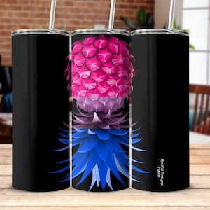 May include: A stainless steel tumbler with a black background and a colorful pineapple design. The pineapple is pink, purple, and blue. The tumbler has a black lid and a straw.