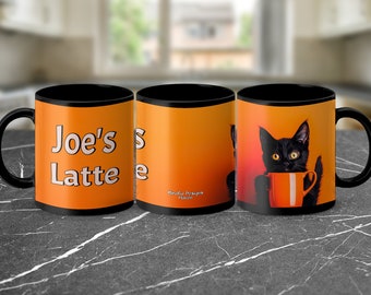 Gato preto fofo com caneca laranja, presente personalizável para amantes de gatos, caneca personalizada com texto, presente perfeito para entusiastas de gatos, caneca exclusiva para animais de estimação