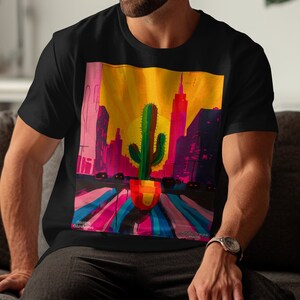 Cactus Chronicles Collection - Colorful Vibrant Cactus in Urban Sunset Scene T-Shirt and Apparel