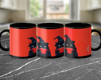 Witch Cats Mug, Halloween Cat Mug, Customizable Mug with Cat Art, Personalized Witch Mug, Spooky Mug with Cats, Red Mug with Black Cats
