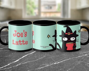 Cute Black Cat Witch Mug, Halloween Coffee Mug, Customizable Mug with Custom Text, Unique Cat Lover Gift, Fun and Spooky Mug Design