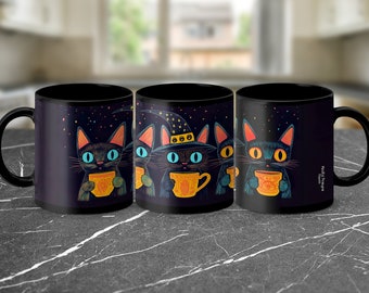 Cute Black Cats with Witch Hat Mug, Halloween Themed Coffee Mug, Spooky Cat Drinkware, Personalized Mug, Customizable Cat Lover Gift