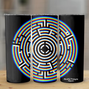 Lebendiges Regenbogen Labyrinth Design auf Kunststoff und Edelstahl Bechern und Tassen für alle Gelegenheiten