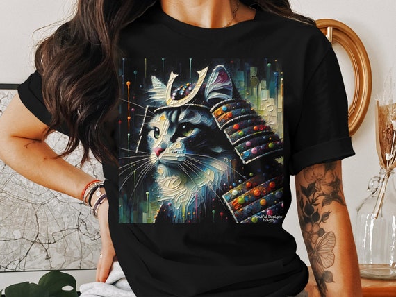 Design colorato astratto del gatto Samurai camicia con illustrazione artistica del gatto stampa del gatto con scollo a V canotta dell amante dei gatti felpa con cappuccio Cat Art Etsy Italia