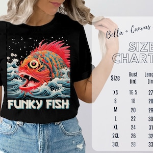 Puede incluir: Camiseta negra con un gráfico de pez colorido y el texto "Funky Fish" impreso en la parte delantera.