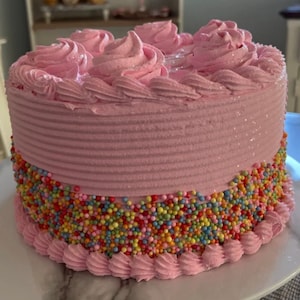Comida falsa, bolo de festa rosa, com granulados 8x6”