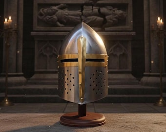 Espositore per elmo da cavaliere medievale – Elmo in stile crociato in acciaio e ottone