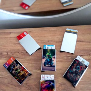 May include: Six rectangular metal card holders arranged in a circular pattern. Some holders are plain silver, while others feature graphic prints, including a green frog on a motorcycle, a colorful abstract design, and a detailed creature illustration.