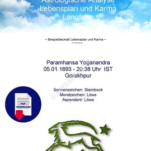 Könnte beinhalten: Ein digitaler Download einer astrologischen Analyse des Lebensplans und Karmas einer Person. Die Analyse beinhaltet das Geburtsdatum und die Geburtszeit der Person, das Sonnenzeichen, das Mondzeichen und den Aszendenten. Die Analyse ist in deutscher Sprache.