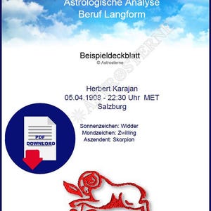 Może przedstawiać: Czerwony wykres astrologiczny z tekstem "Astrologische Analyse Beruf Langform" i "Beispieldeckblatt" w języku niemieckim. Wykres zawiera imię "Herbert Karajan", datę "05.04.1908", godzinę "22:30 Uhr MET" i lokalizację "Salzburg". Wykres zawiera również znaki zodiaku "Widder", "Zwilling" i "Skorpion" w języku niemieckim.