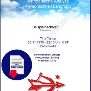 Könnte beinhalten: Weißes Dokument mit blauen Rändern und deutschem Text, darunter "Astrologische Analyse" und "Persönlichkeit Langform." Ein rotes Schützen-Symbol und ein PDF-Download-Symbol sind ebenfalls vorhanden. Das Dokument ist für Tina Turner.