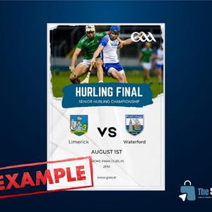 Pode incluir: Um cartaz anunciando uma final de hurling entre Limerick e Waterford. O jogo será realizado no dia 1 de agosto no Croke Park, em Dublin, às 14h. O cartaz apresenta o logotipo da GAA e os brasões das duas equipes.