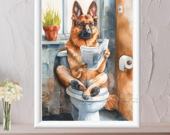 Perro pastor alemán sentado en el inodoro leyendo el periódico, divertido retrato de mascota, lienzo, arte de pared para el baño, decoración para amantes de los perros, impresiones artísticas, regalos