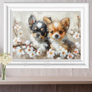 Chihuahua Dogs with White Flowers .75&quot; Canvas Wall Art, Ready to Hang Home Decor, Living Room Art, Cute Chihuahua Art, Digital Download