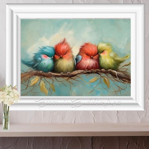 Sleeping Birds on a Branch Wall Art Prints, A Perch of Birds Watercolor Painting Farmhouse Decor, Ready to Hang Canvas, Digital Download