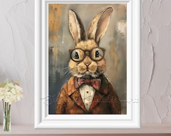 Bunny with Glasses .75" Ready to Hang Canvas Wall Art, Vintage Art Canvas Print, Rabbit Victorian Portrait, Bunny in Suit, Digital Download