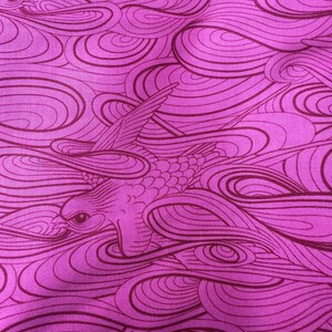 May include: A magenta fabric featuring a repeating pattern of stylized birds and swirling water. The birds are outlined in dark magenta, with detailed wings. The water design consists of wavy, circular patterns, creating a dynamic visual effect.