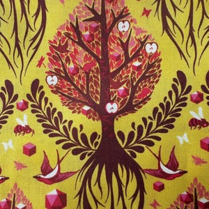 May include: A repeating pattern on a yellow background features stylized trees with red leaves and apples, brown roots and branches, and red birds. The design also includes bees, butterflies, and geometric shapes in pink and red.